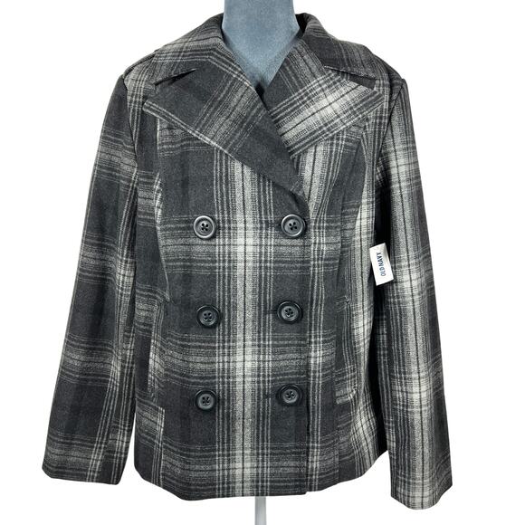 Old Navy Plaid Pea Coat Sz Large Black Gray Preppy Academia Goth Poly/Wool NEW! - Picture 1 of 12